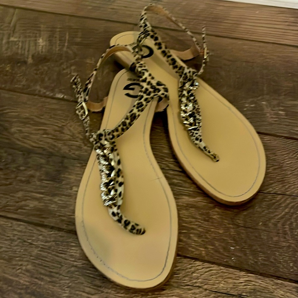 Leopard print suede sandals with gold and diamond embellishments